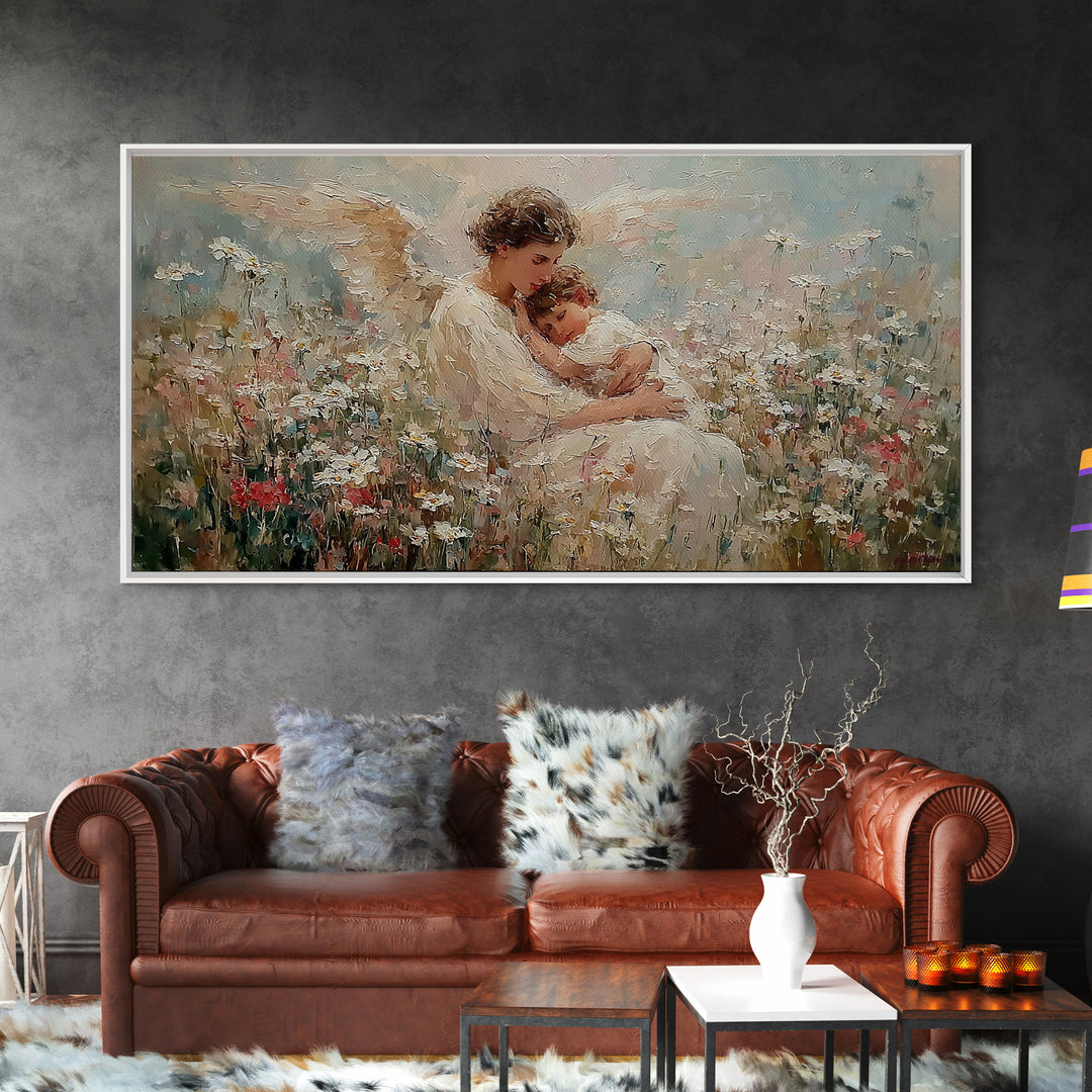 Seated Guardian Angel Cradling Sleeping Baby In Floral Meadow Wall Art, Christian Nursery Decor, Motherhood Gift For Her
