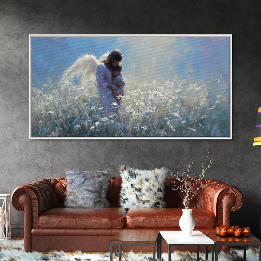 Angel Mother Holding Child In Moonlit White Meadow Framed Canvas Print, Christian Wall Art, Calming Nursery Home Decor Gift