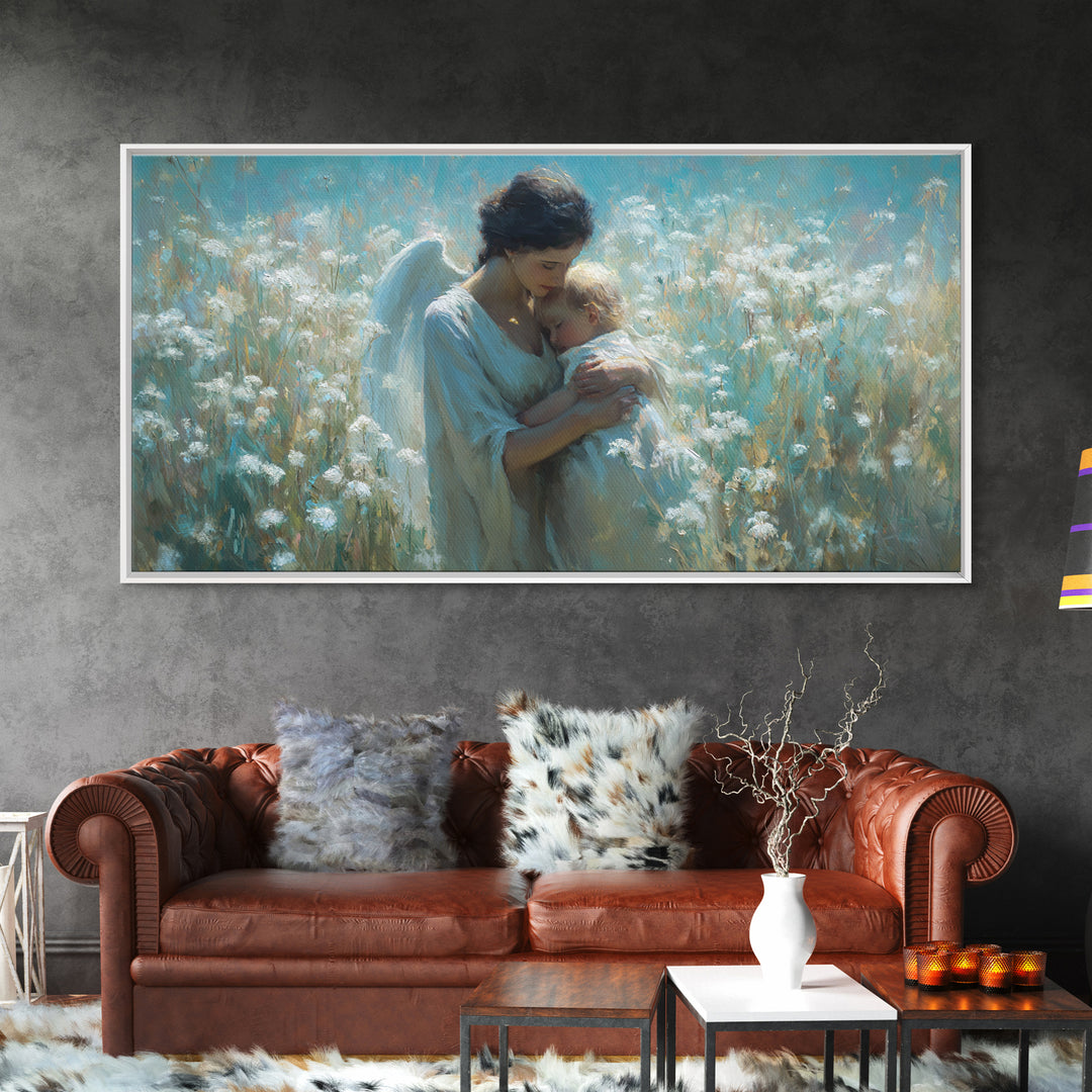 Serene Angel Cradling Blonde Baby In Blue Wildflower Field Framed Canvas Print, Christian Wall Art, Nursery Home Decor Gift