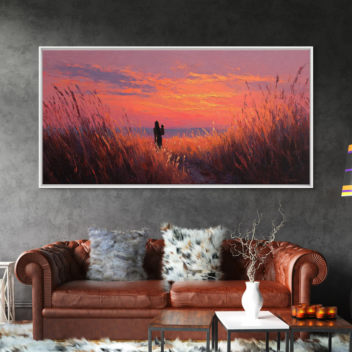 Mother And Child Sunset Grasslands Canvas Print, Romantic Landscape Wall Art, Warm Coastal Decor, Nursery, New Home Gift For Her
