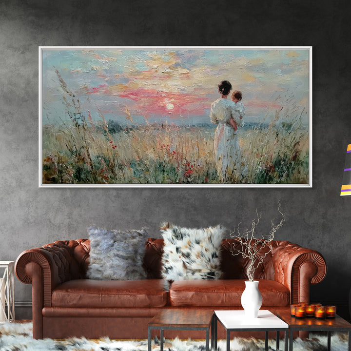 Mother And Child Sunset Seascape Canvas Print, Impressionist Coastal Wall Art, Romantic Bedroom Decor, Nursery Gift For Her