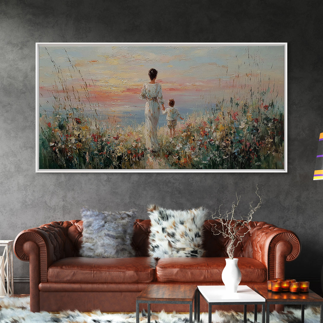 Mother And Child Ocean Meadow Wall Art, Impressionist Wildflower Seascape, Coastal Nursery Decor, Framed Canvas Print, Gift For Her