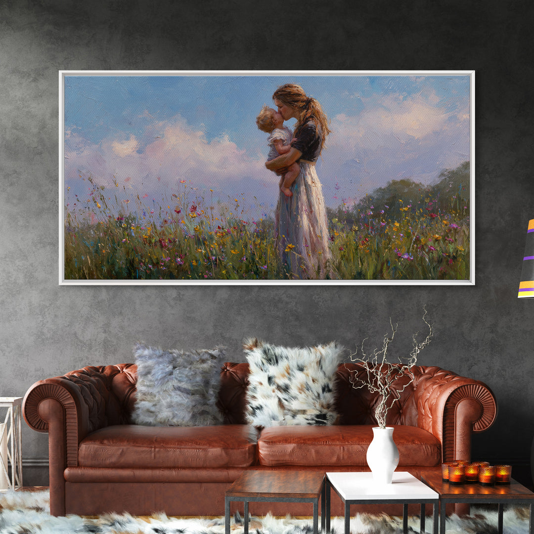 Mother Holding Baby In Wildflower Meadow Wall Art, Impressionist Canvas Print, Nursery Decor, Gift For Mom, Bedroom Decor