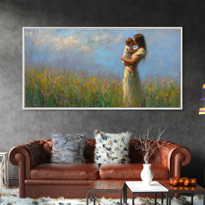 Mother And Child Embraced In Flower Field Wall Art, Impressionist Canvas Print, Floral Nursery Decor, Housewarming Gift, Gift For Mom