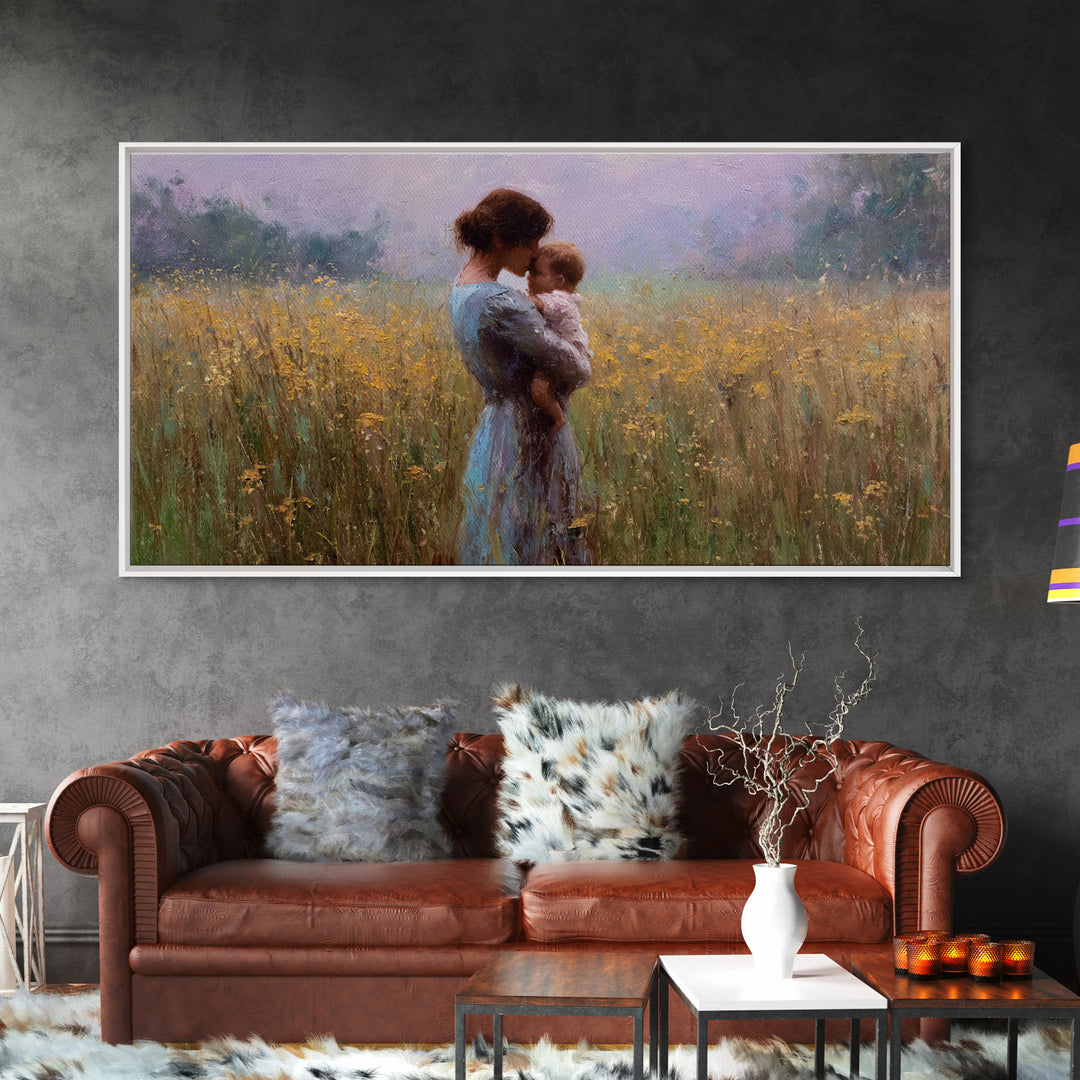 Mother Cuddling Baby In Golden Meadow Wall Art, Impressionist Canvas Print, Neutral Nursery Decor, Gift For Her, Living Room Decor