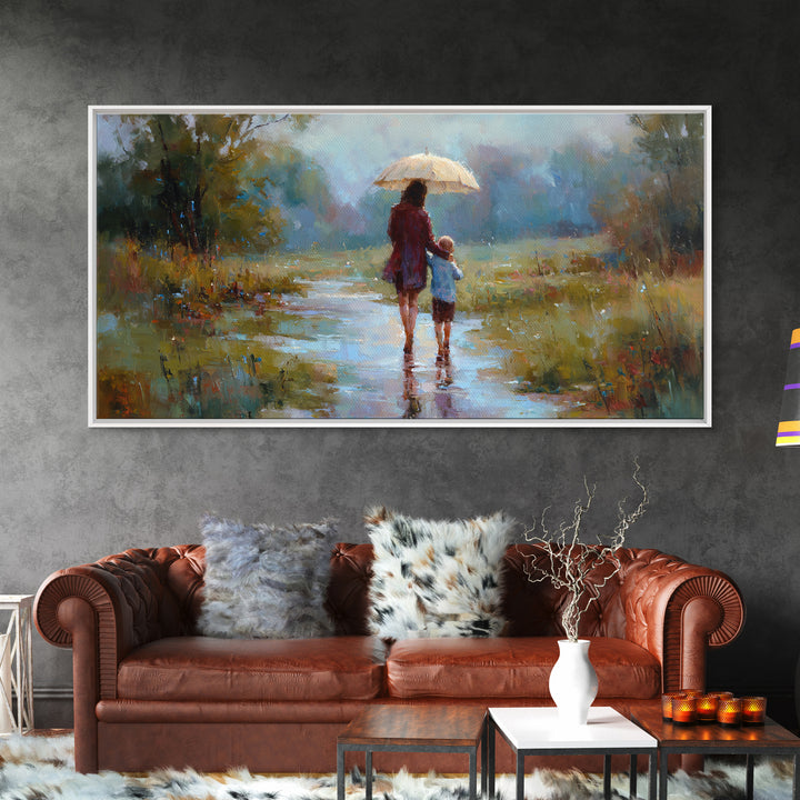 Mother And Child Walking In Rain With Umbrella Wall Art, Impressionist Canvas Print, Cozy Nursery Decor, Housewarming Gift