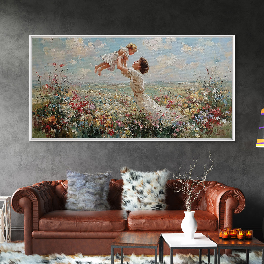 Mother Lifting Baby By Coastal Wildflower Meadow Wall Art, Impressionist Framed Canvas Print, Beach House Decor, Gift For Mom