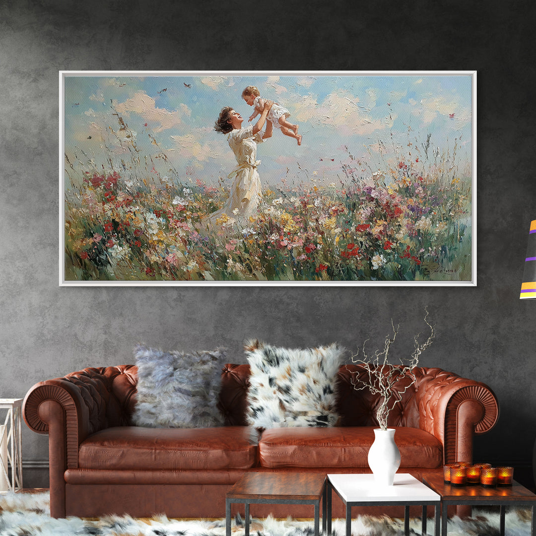 Mother Lifting Baby In Wildflower Meadow Wall Art, Impressionist Canvas Print, Floral Nursery Decor, Gift For Mom, Home Decor