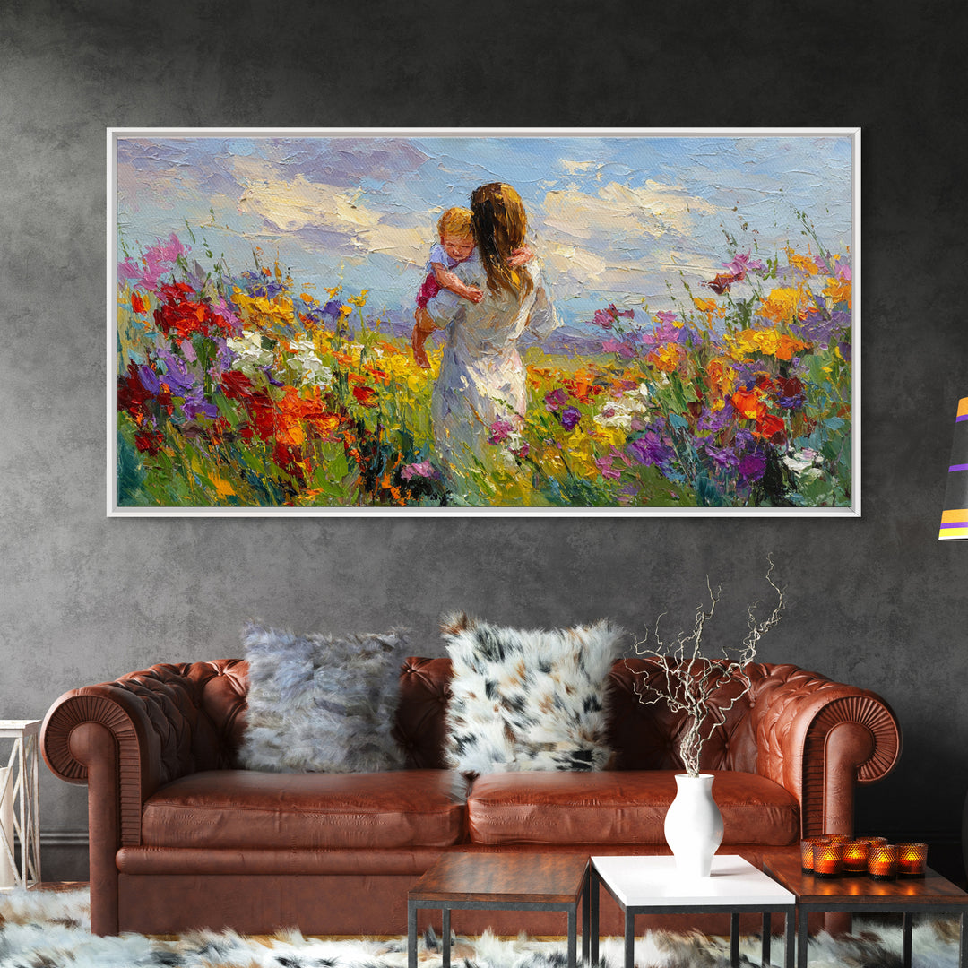 Woman Holding Baby In Vibrant Wildflower Meadow Framed Canvas Print, Mothers Day Gift, Floral Wall Art, Nursery Decor, Living Room Decor