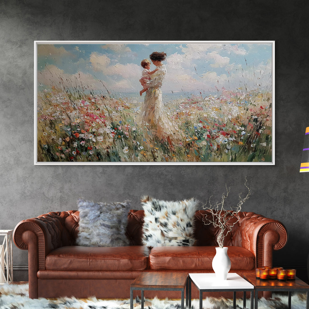 Mother And Baby In Soft Coastal Wildflower Field Canvas Print, Serene Floral Wall Art, Gift For Her, Bedroom Decor, Large Wall Art