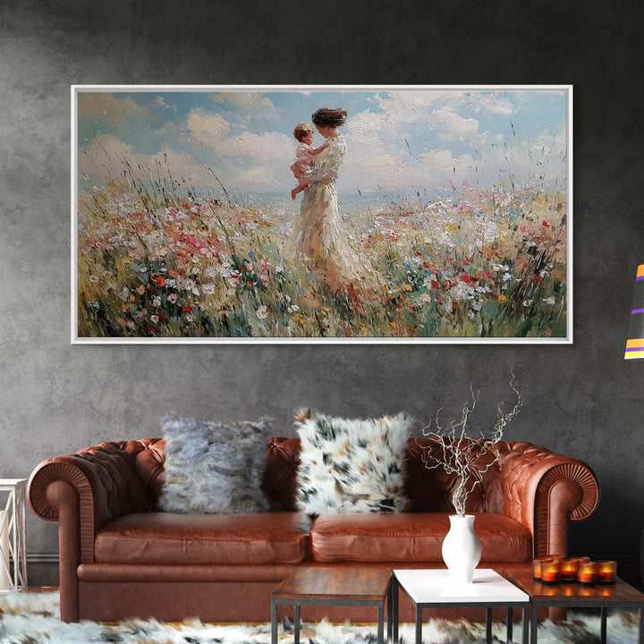 Mother And Baby In Soft Coastal Wildflower Field Canvas Print, Serene Floral Wall Art, Gift For Her, Bedroom Decor, Large Wall Art