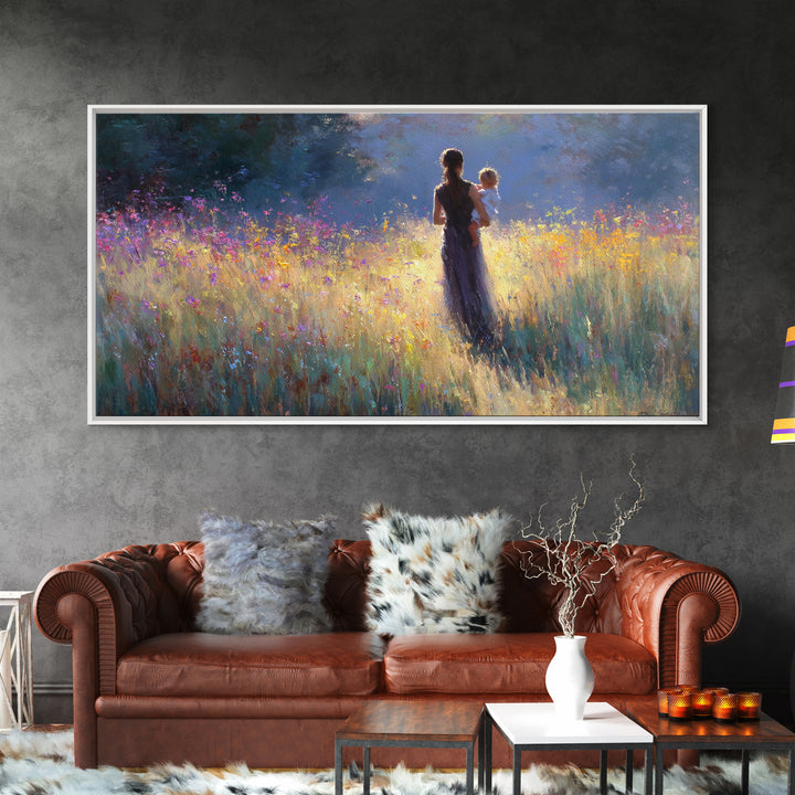 Backlit Mother Holding Baby In Glowing Wildflower Meadow Canvas Print, Moody Wall Art, Floral Wall Decor, Gift For Her, Large Wall Art