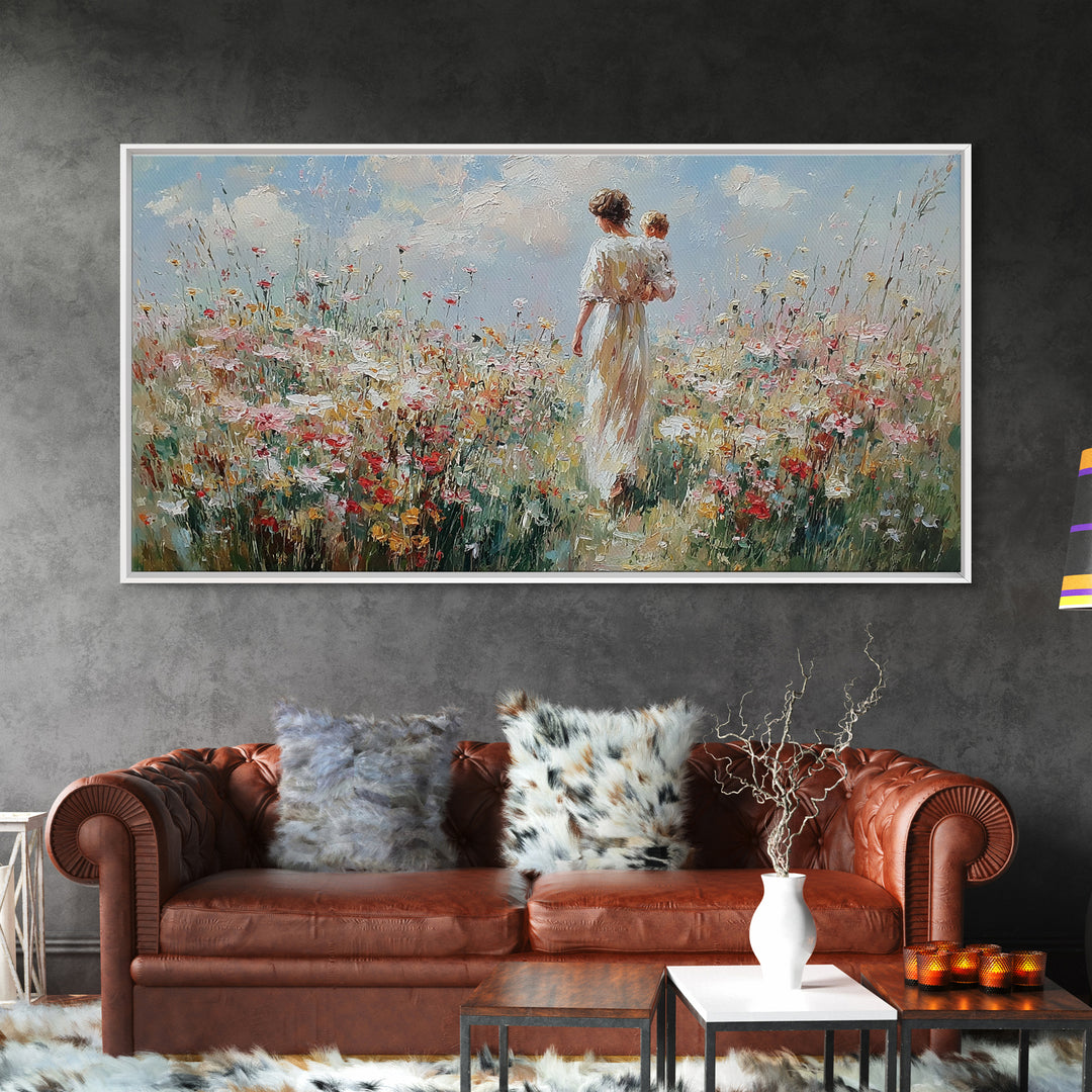 Mother And Baby Amid White Daisies And Red Poppies Framed Canvas Print, Floral Wall Art, Nursery Decor, Gift For Her, Living Room Decor