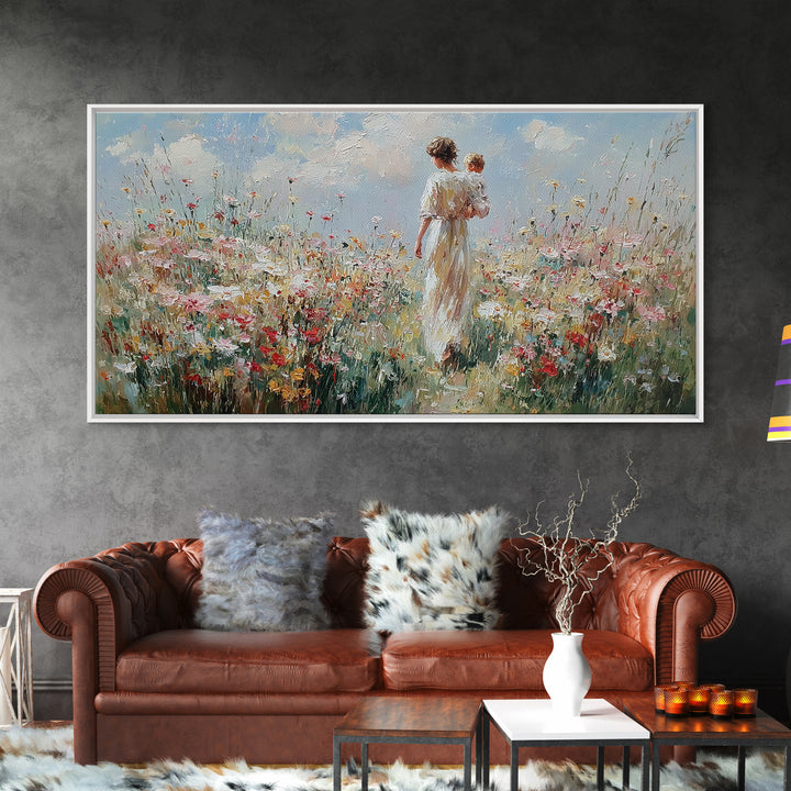 Mother And Baby Amid White Daisies And Red Poppies Framed Canvas Print, Floral Wall Art, Nursery Decor, Gift For Her, Living Room Decor