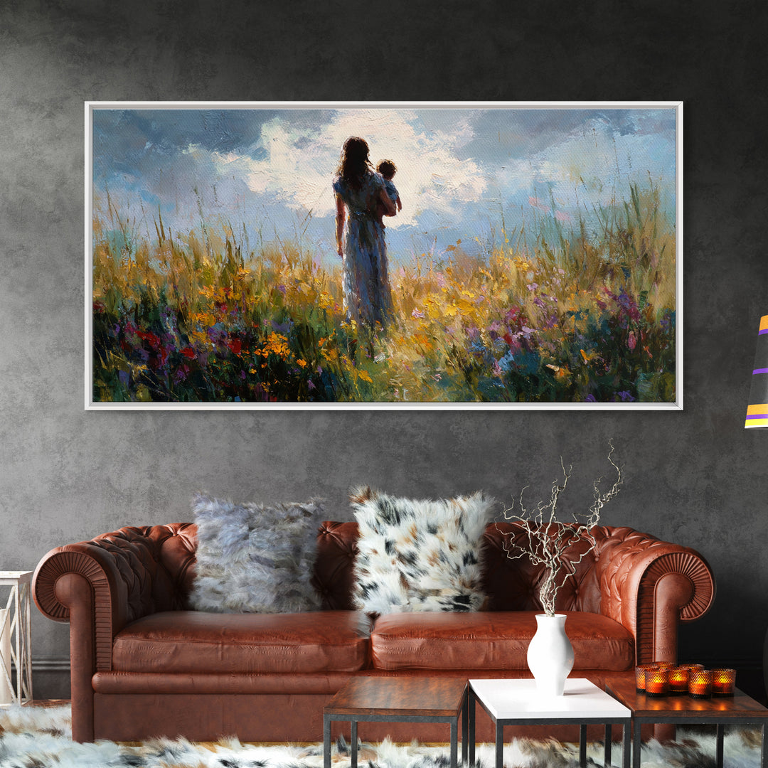 Mother And Baby In Windswept Summer Wildflower Field Canvas Print, Floral Wall Art, Gift For Her, Calming Bedroom Decor, Nursery Wall Art