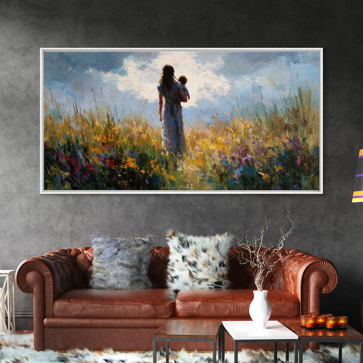 Mother And Baby In Windswept Summer Wildflower Field Canvas Print, Floral Wall Art, Gift For Her, Calming Bedroom Decor, Nursery Wall Art