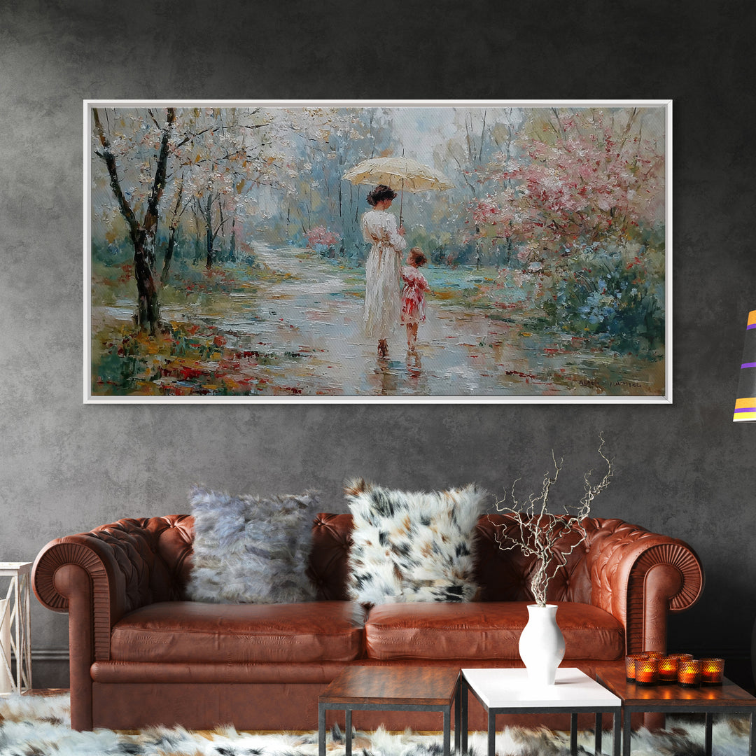 Mother And Child Walking Under Umbrella In Rainy Spring Garden Wall Art, Impressionist Painting, Gift For Her, Nursery Decor