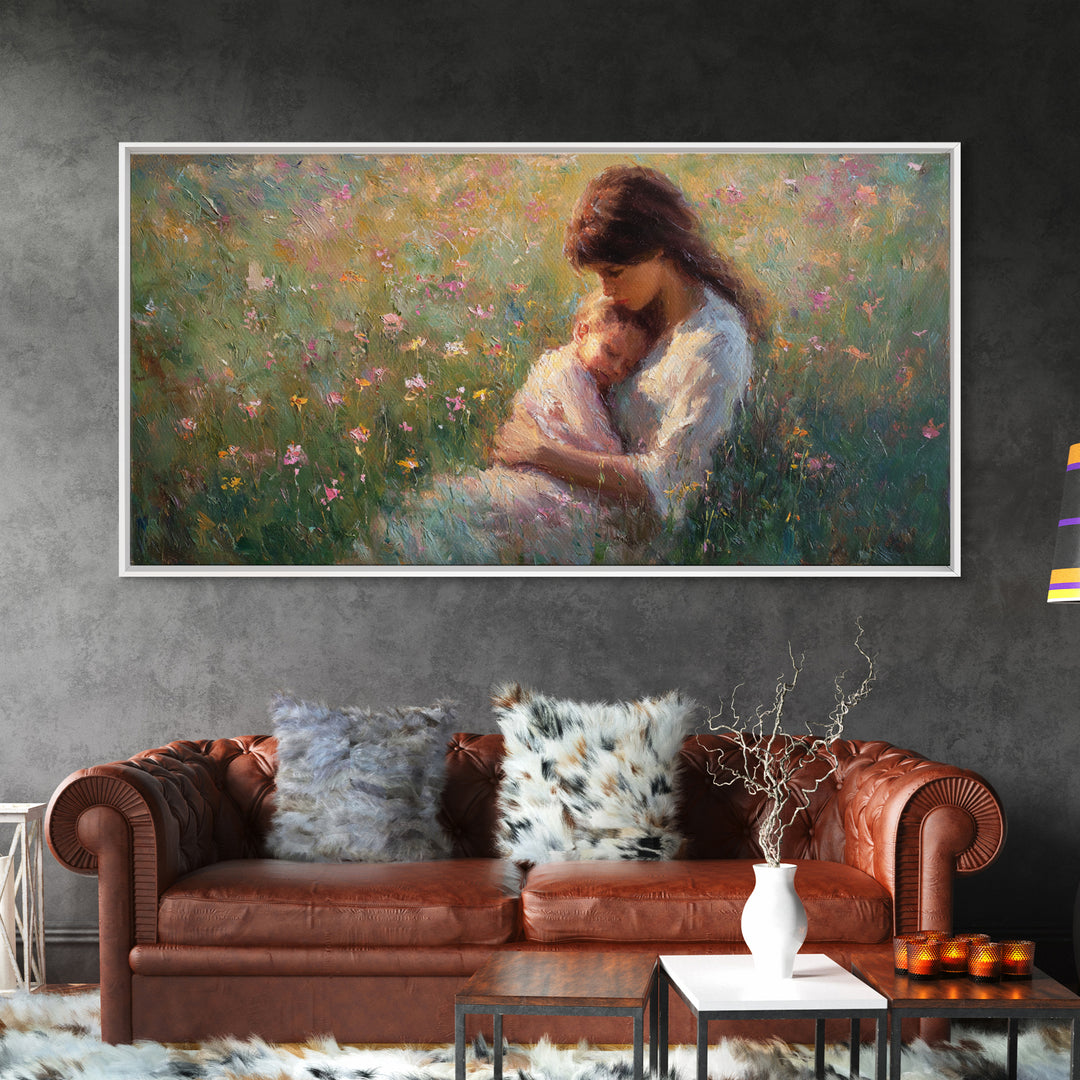 Tender Mother Cuddling Sleeping Baby In Flower Meadow Canvas Print, Feminine Wall Art, Mothers Day Gift, Bedroom Decor, Nursery Decor