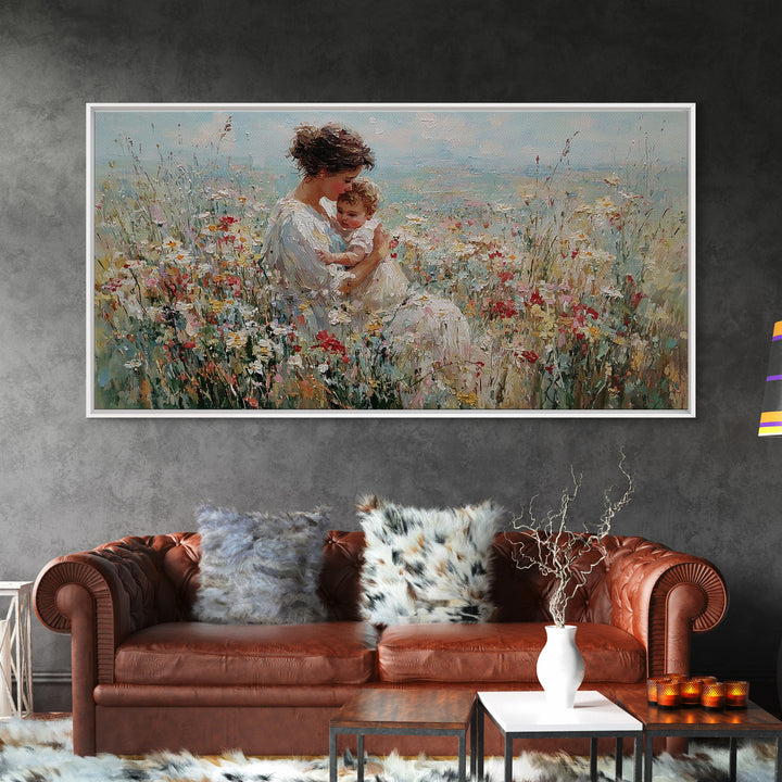 Mother Holding Smiling Baby Among Wildflowers By Sea Canvas Print, Coastal Wall Art, Mothers Day Gift, Living Room Decor
