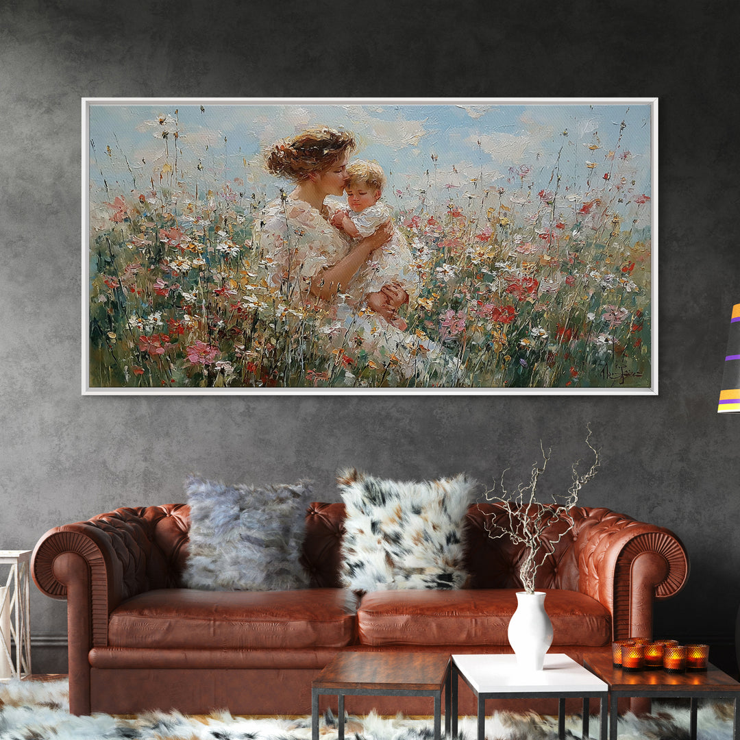 Mother Lifting Baby In Blooming Flower Field Framed Canvas Print, Impressionist Floral Nursery Art, Gift For Mom Home Decor