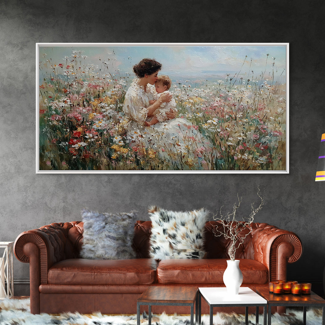 Seated Mother And Child In Coastal Wildflower Meadow Canvas Print, Impressionist Family Wall Art, Nursery Decor Gift For Her