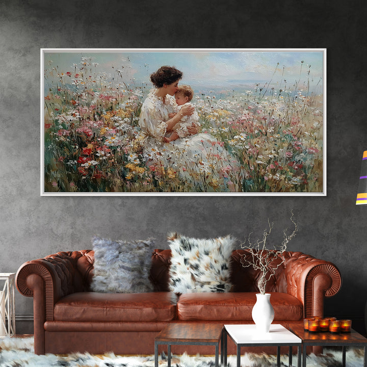 Seated Mother And Child In Coastal Wildflower Meadow Canvas Print, Impressionist Family Wall Art, Nursery Decor Gift For Her