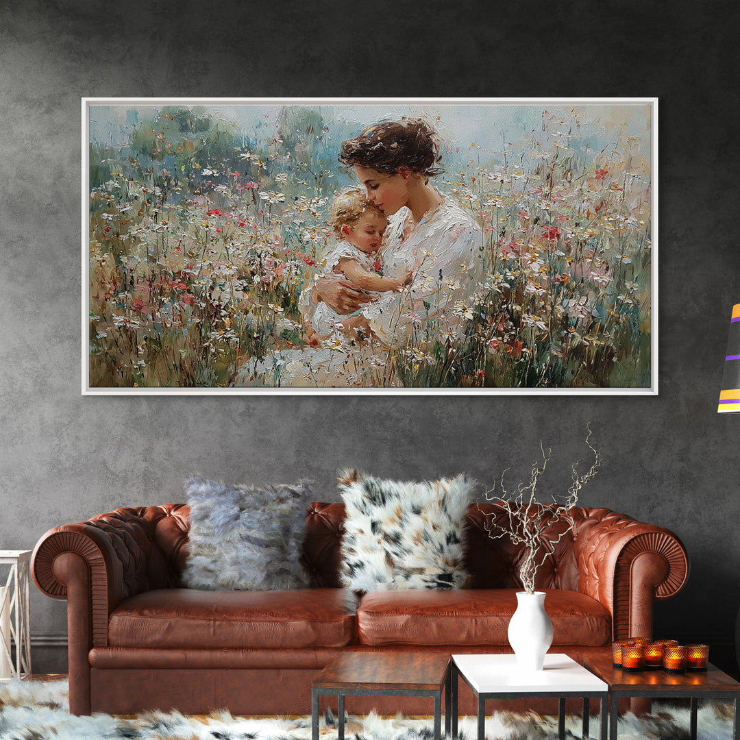 Mother Embracing Child In White Wildflower Meadow Framed Canvas Print, Impressionist Floral Wall Art, Nursery Decor Gift