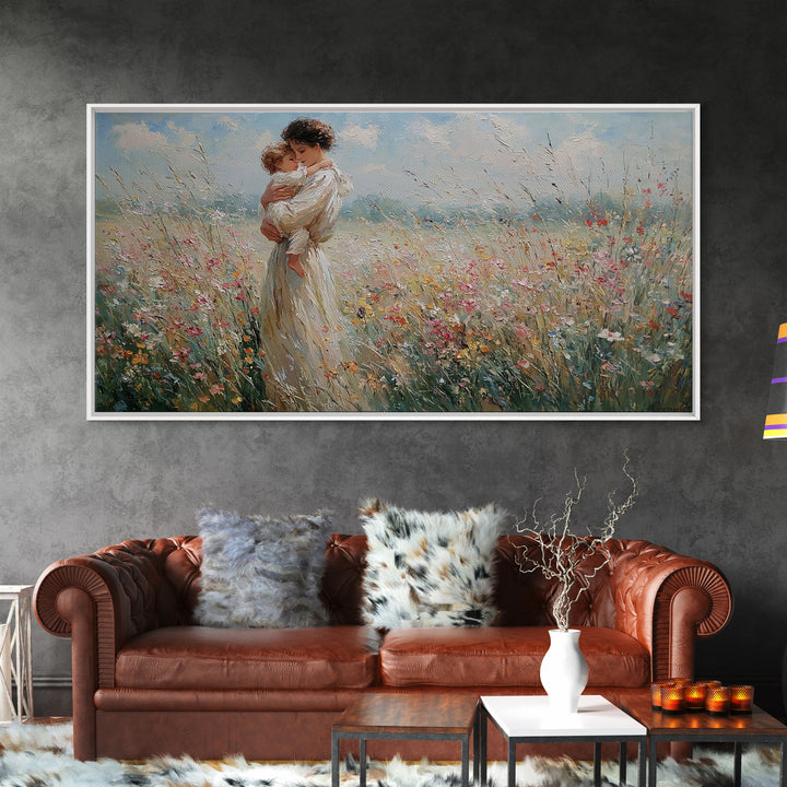 Standing Mother Holding Baby In Windy Wildflower Field Wall Art, Impressionist Landscape Canvas Print, Mothers Day Home Decor