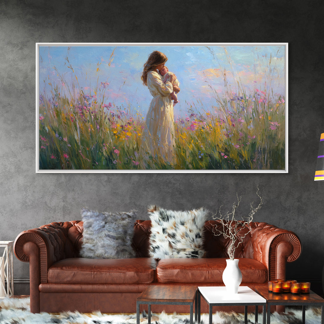 Backlit Mother And Baby In Sunlit Meadow Canvas Print, Impressionist Wildflower Wall Art, Feminine Nursery Decor Gift For Mom