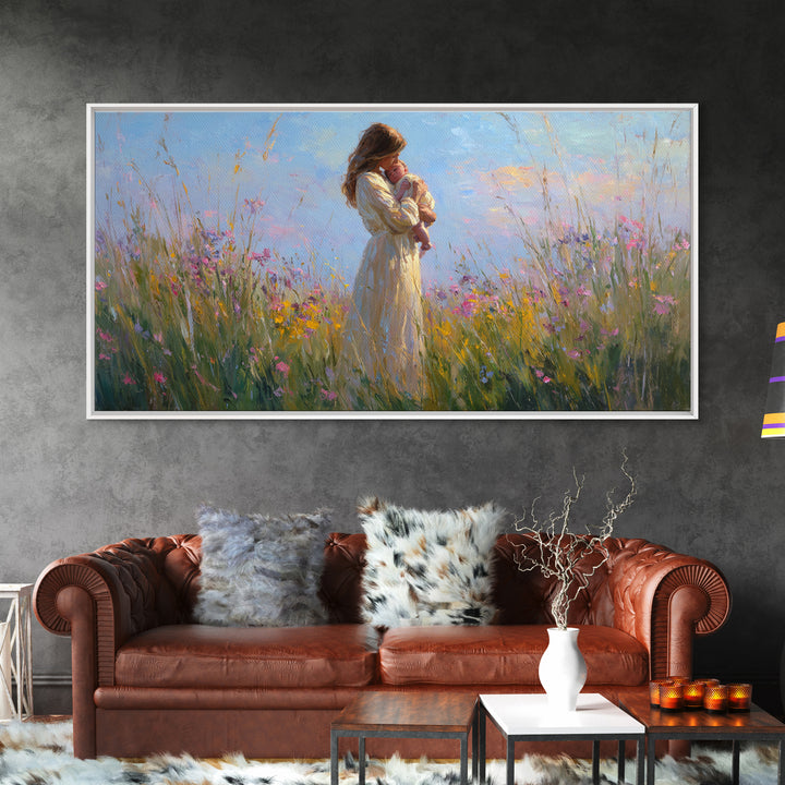 Backlit Mother And Baby In Sunlit Meadow Canvas Print, Impressionist Wildflower Wall Art, Feminine Nursery Decor Gift For Mom