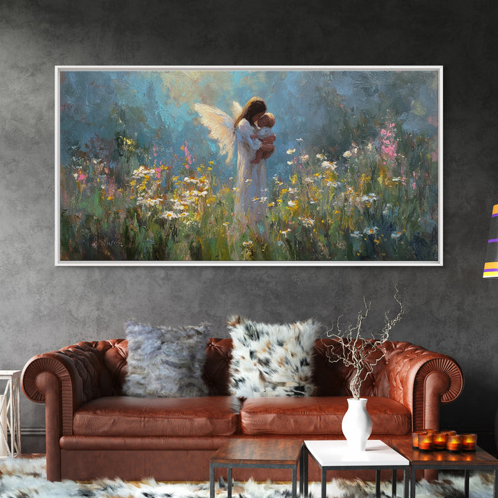 Guardian Angel Holding Baby Canvas Print, Wildflower Meadow Oil Painting, Spiritual Wall Decor, Nursery Art, Gift For Mom