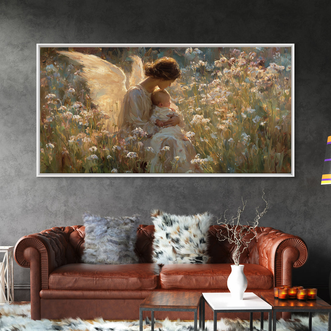 Sunlit Angel Cradling Baby Wall Art, Wildflower Meadow Painting, Christian Nursery Decor, Spiritual Gift For Mom, Canvas Art