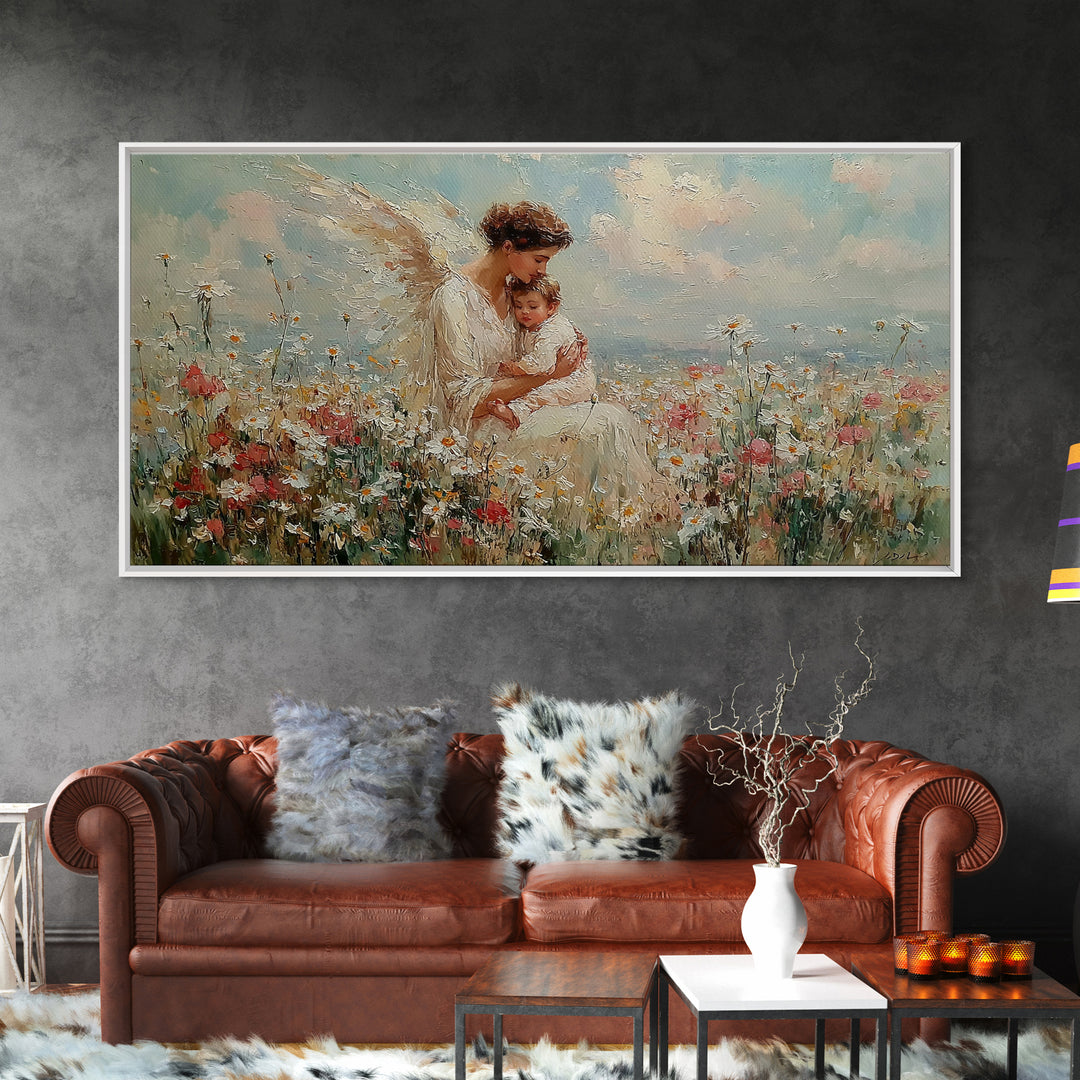 Angel And Baby In Flower Field Framed Canvas Print, Dreamy Christian Wall Art, Wildflower Nursery Decor, Gift For Her, Fine Art