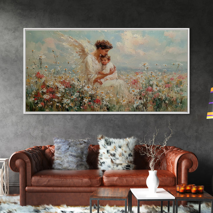 Angel And Baby In Flower Field Framed Canvas Print, Dreamy Christian Wall Art, Wildflower Nursery Decor, Gift For Her, Fine Art