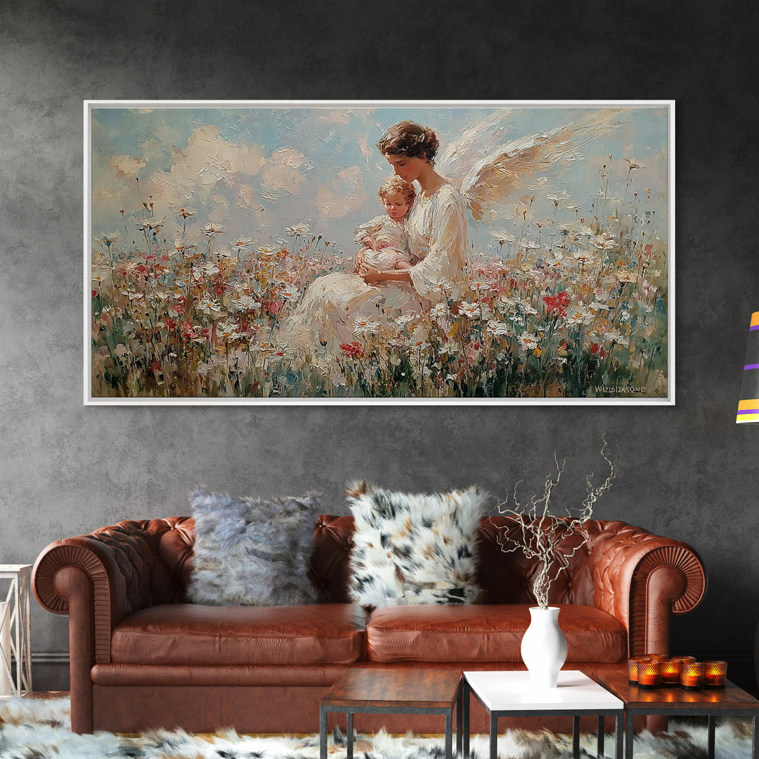 Guardian Angel With Baby Canvas Print, White Wildflower Meadow Painting, Christian Nursery Wall Art, Spiritual Gift For Mom