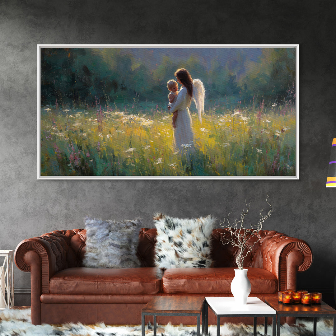 Angel Mother Holding Baby Wall Art, Luminous Meadow Oil Painting, Christian Nursery Decor, Spiritual Wall Decor, Gift For Her