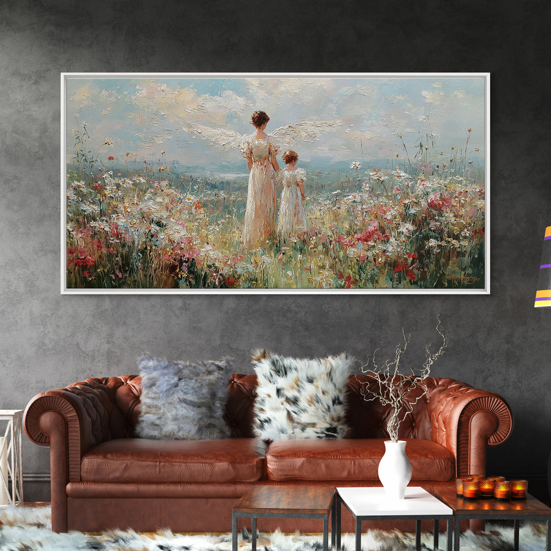 Angel And Child In Wildflower Field Framed Canvas Print, Impressionist Christian Wall Art, Floral Nursery Decor, Gift For Her