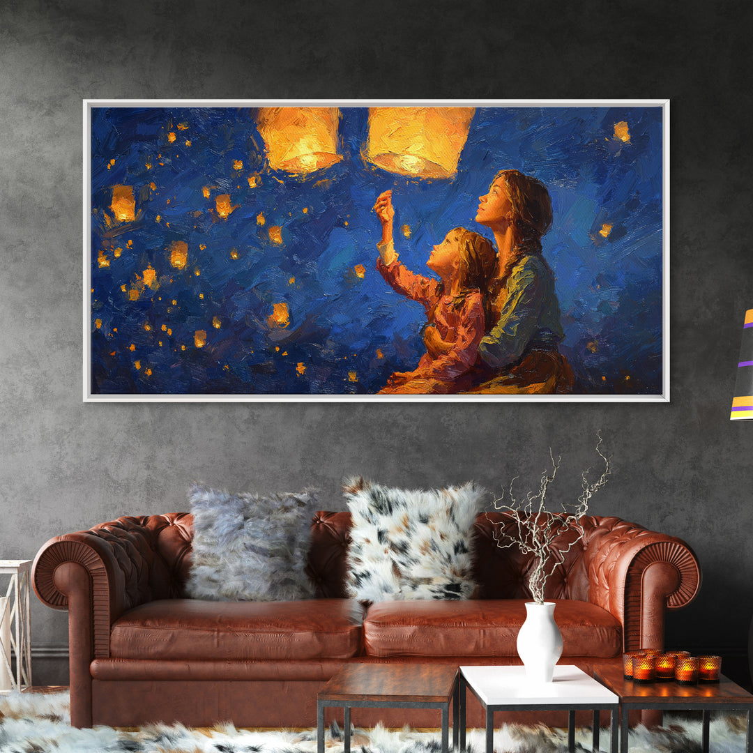 Mother And Child Lantern Festival Canvas Print, Blue Night Sky Painting, Whimsical Wall Art, Family Gift, Cozy Home Decor