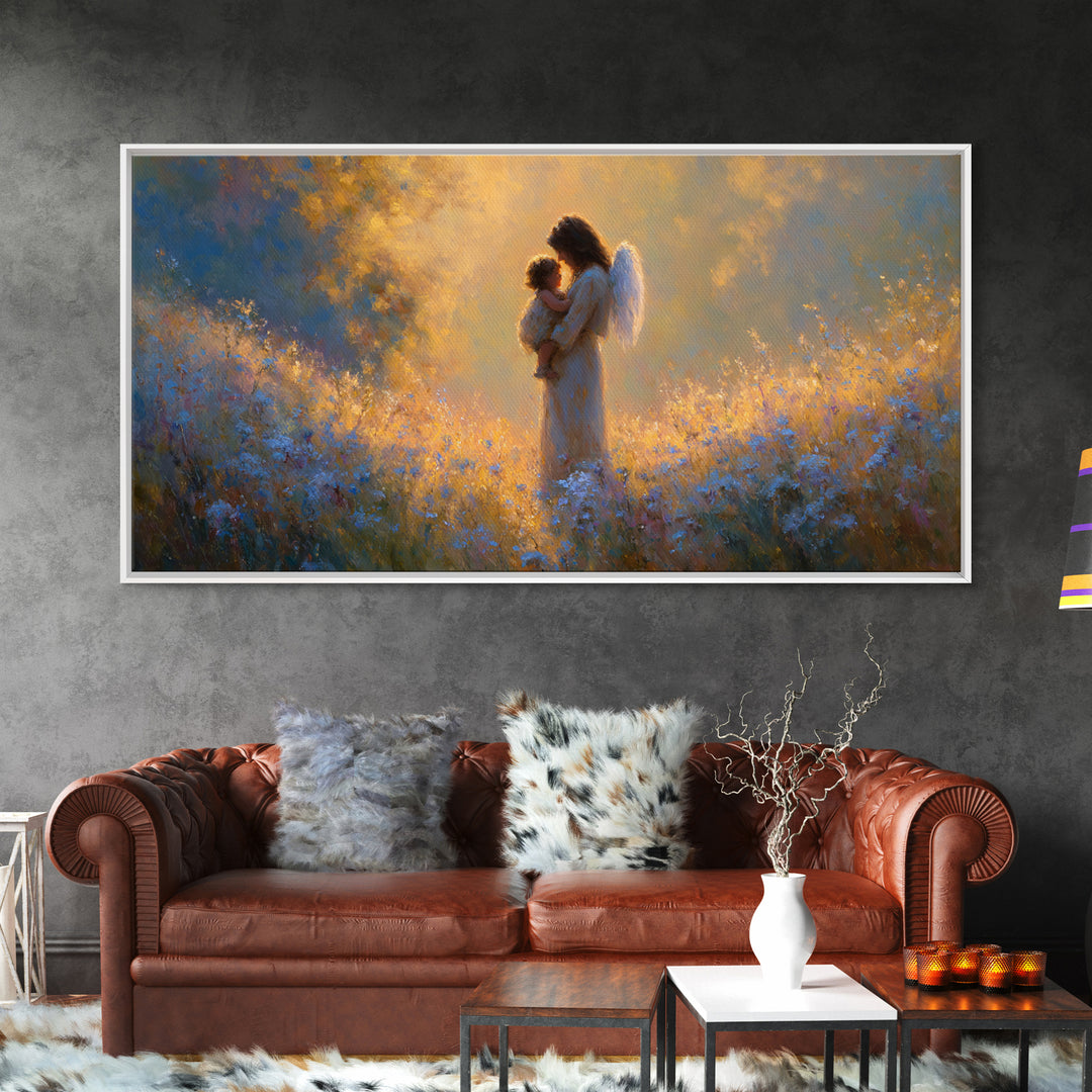 Guardian Angel Mother And Child In Golden Wildflower Meadow Wall Art, Christian Nursery Decor, Spiritual Gift For Mom, Home Decor
