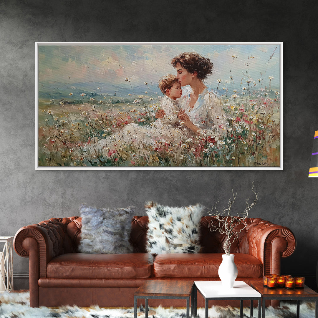 Seated Mother And Child In Soft Wildflower Field Canvas Print, Impressionist Floral Wall Art, Gift For Mom, Living Room Decor