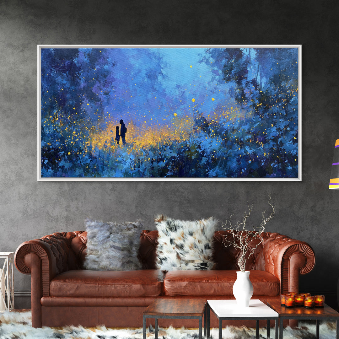 Blue Twilight Mother And Child Firefly Forest Wall Art, Moody Celestial Decor, Fantasy Nursery Print, Gift For Her, Home Decor