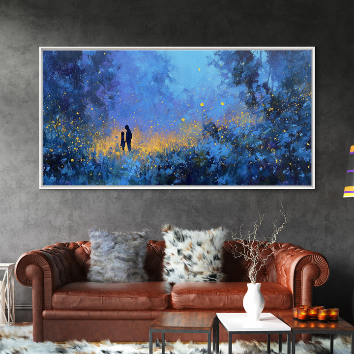 Blue Twilight Mother And Child Firefly Forest Wall Art, Moody Celestial Decor, Fantasy Nursery Print, Gift For Her, Home Decor