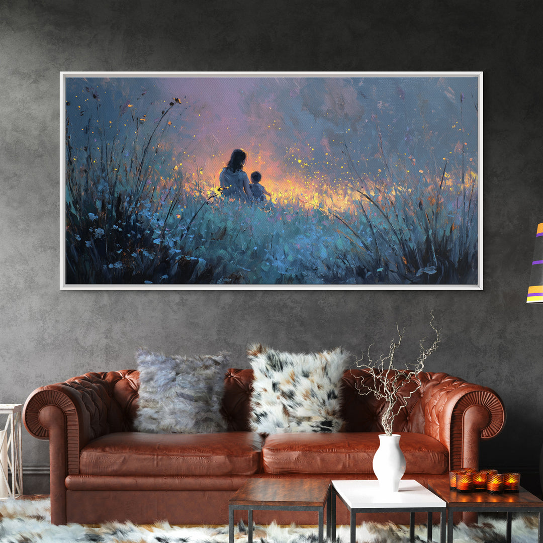 Silhouetted Mother And Child In Glowing Blue Meadow Canvas Print, Moody Wall Art, Celestial Nursery Decor Gift For Mom, Home Decor