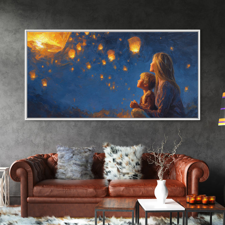 Mother And Child Lantern Night Wall Art, Angelic Family Canvas Print, Celestial Nursery Decor, Gift For Mom, Housewarming Gift