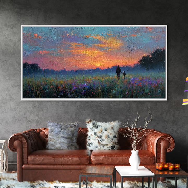 Sunset Meadow Silhouette Framed Canvas Print, Colorful Landscape Wall Art, Mother Child Decor, Living Room Art, Housewarming Gift