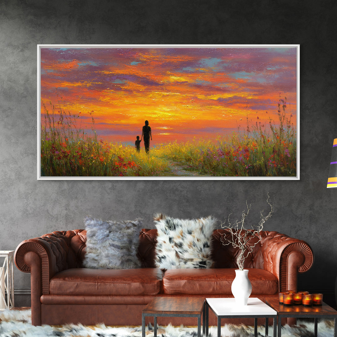 Parent And Child Sunset Path Canvas Print, Colorful Landscape Wall Art, Family Gift, Living Room Decor, Housewarming Gift