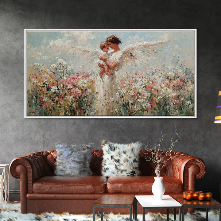 Angel Mother Holding Baby Wall Art, White Wings Wildflower Canvas Print, Spiritual Nursery Decor, Gift For Mom, Christian Wall Art