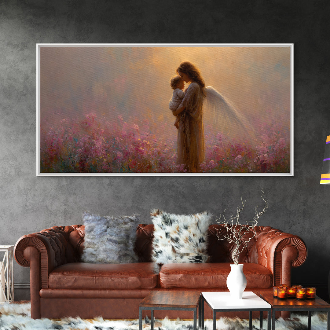 Angel Mother And Child Pink Garden Canvas Print, Ethereal Christian Wall Art, Spiritual Nursery Decor, Gift For Mom, Gift For Her