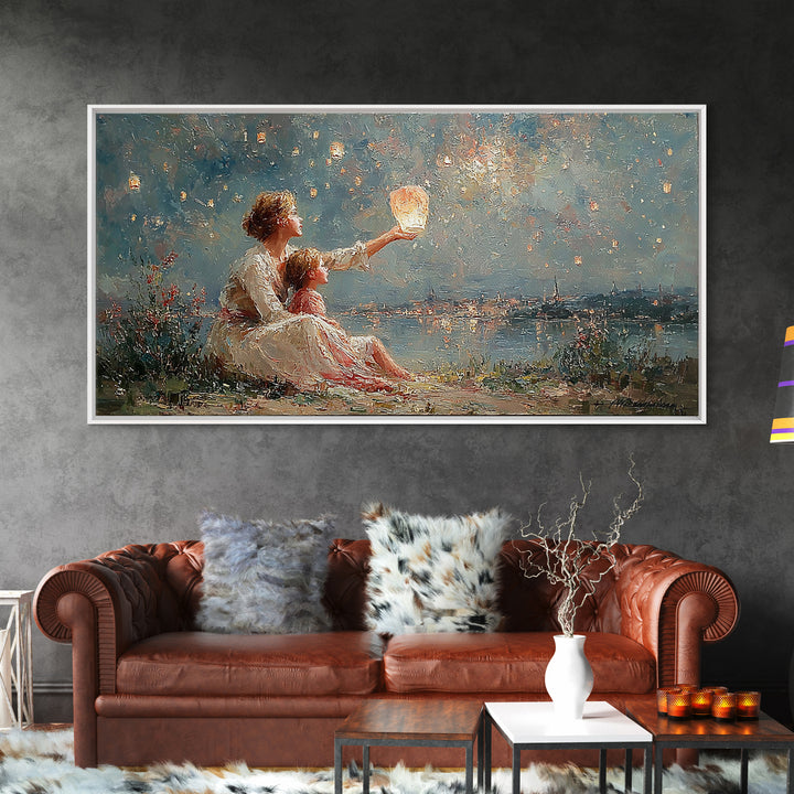 Mother And Child With Lantern By Moonlit Lake Framed Canvas Print, Impressionist Wall Art For Nursery And Coastal Decor Gift