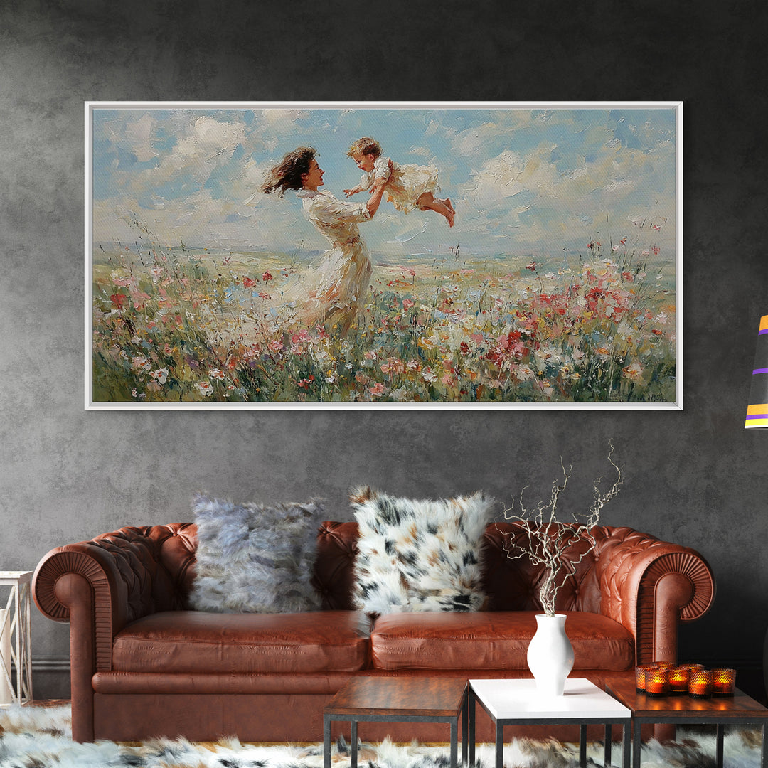 Mother Lifting Baby In Breezy Flower Field Canvas Print, Impressionist Wall Art For Nursery, Bedroom Decor, And Gift For Her